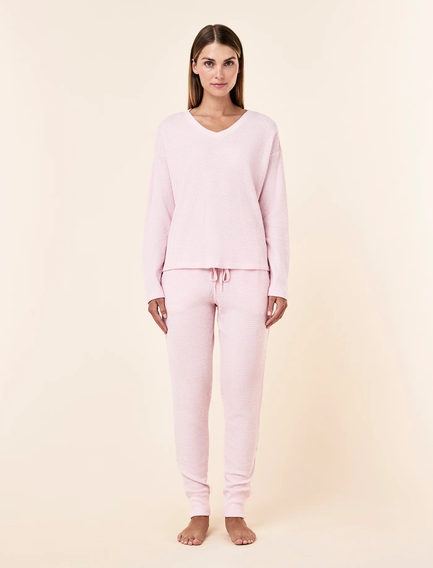 Super Soft Waffle V-Neck Long Sleeve Top & Jogger Set - Parfait Pink