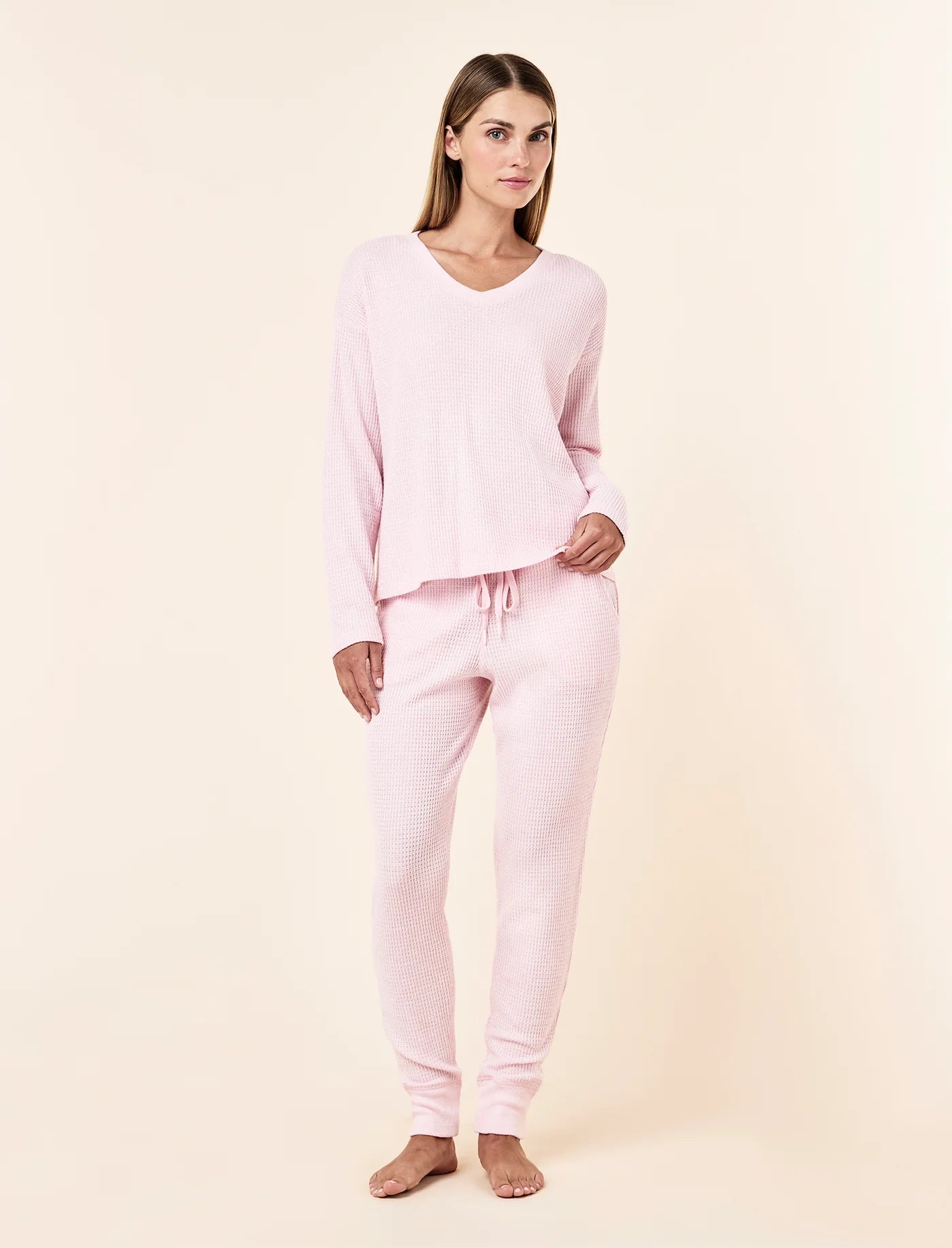 Super Soft Waffle V-Neck Long Sleeve Top & Jogger Set - Parfait Pink