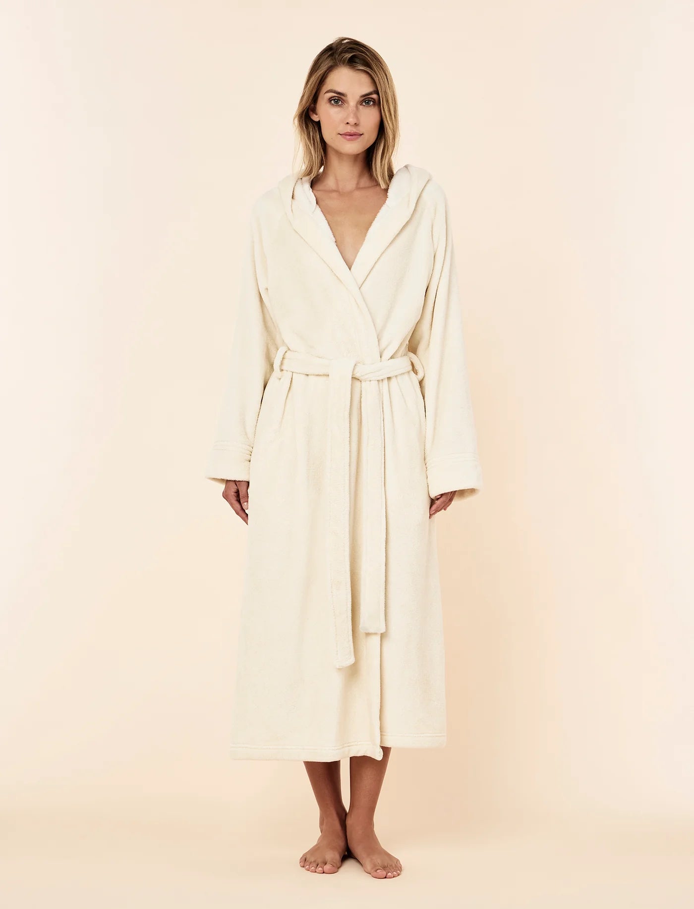 Long Plush Hooded Robe - Ecru