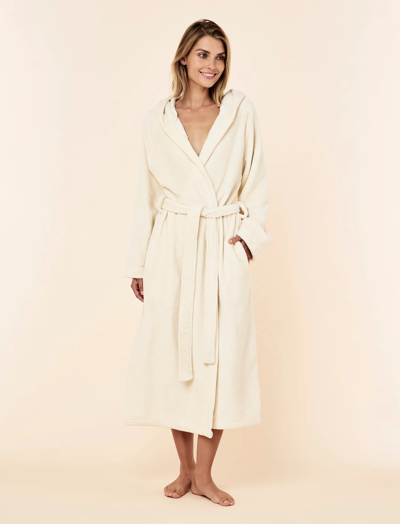 Long Plush Hooded Robe - Ecru