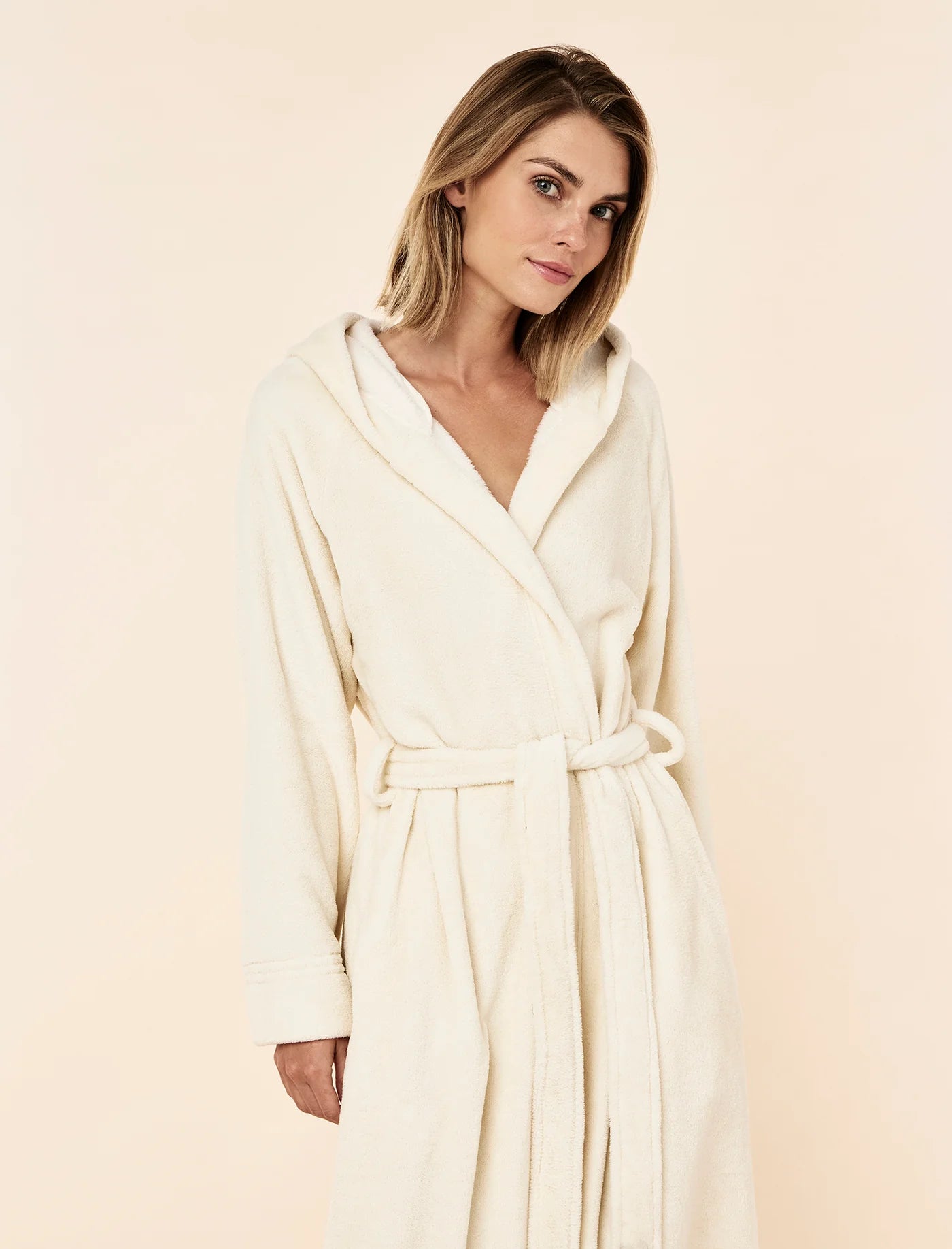 Long Plush Hooded Robe - Ecru