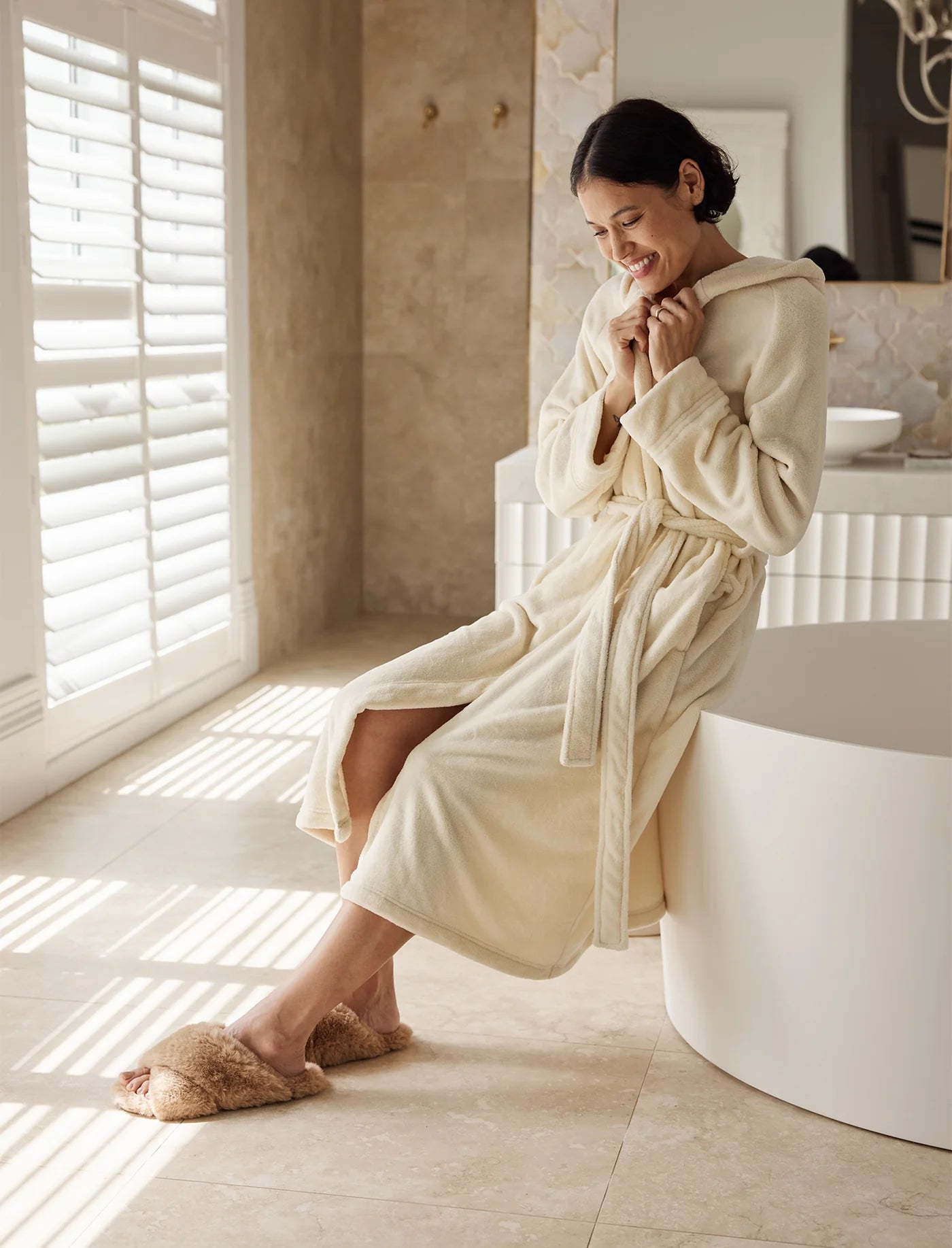 Long Plush Hooded Robe - Ecru