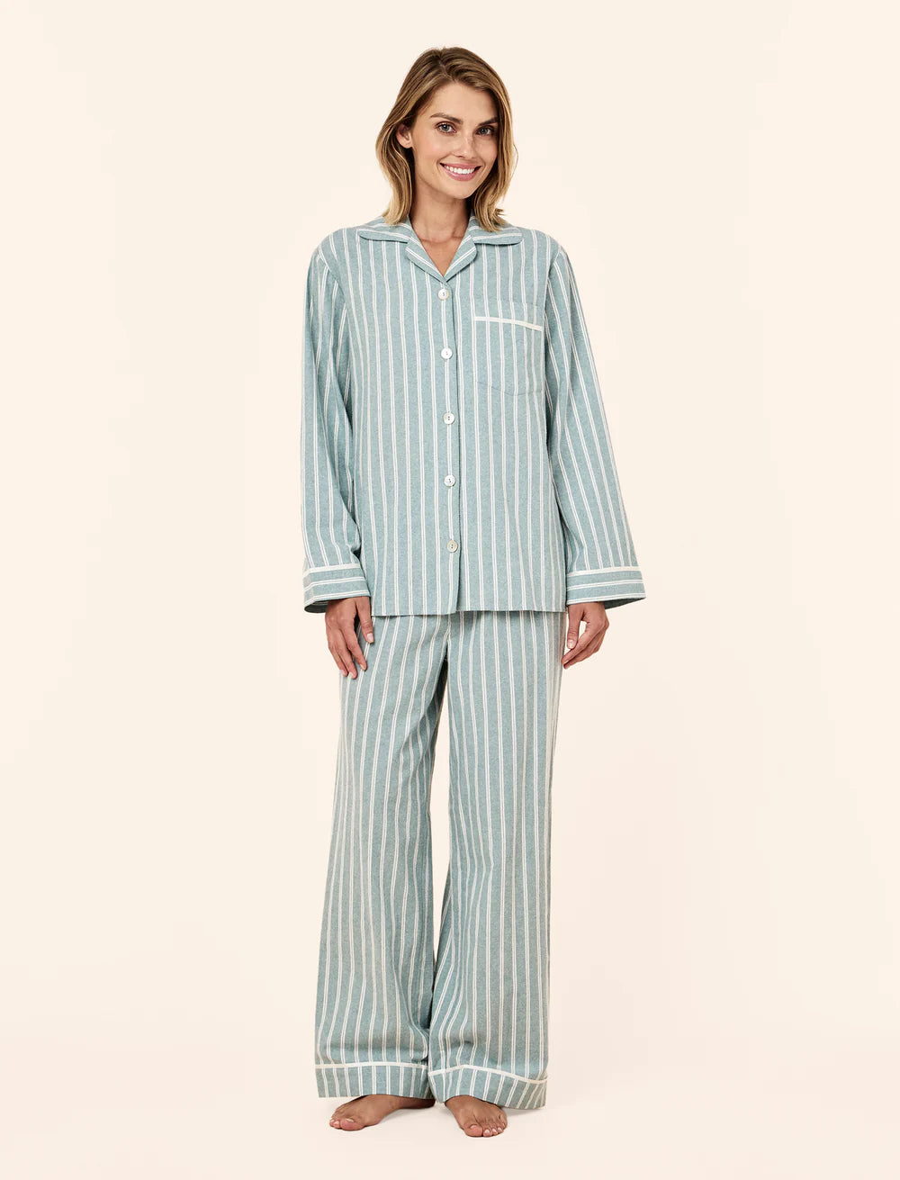 Organic Brushed Cosy Full Length PJ Set - Emerald Stripe