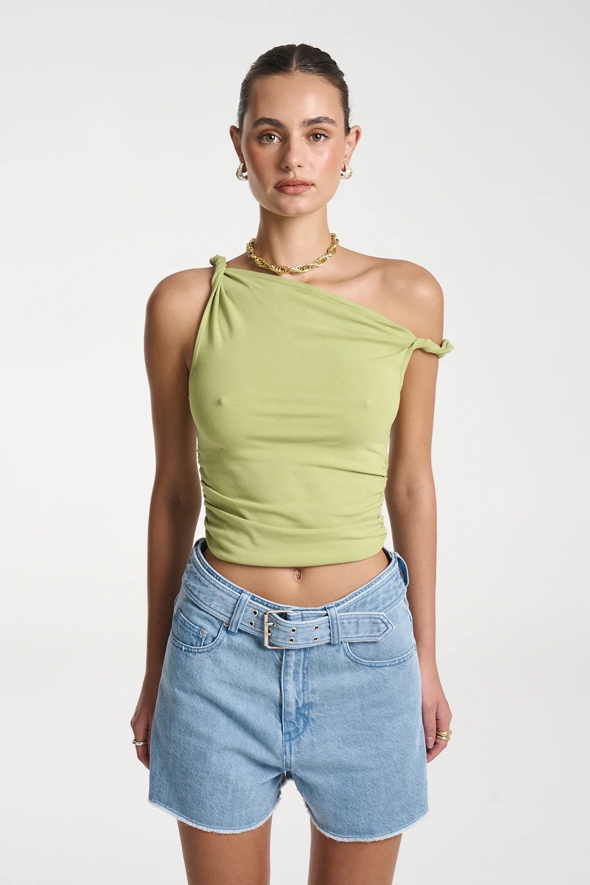 Twist Off Shoulder Top - Apple Green