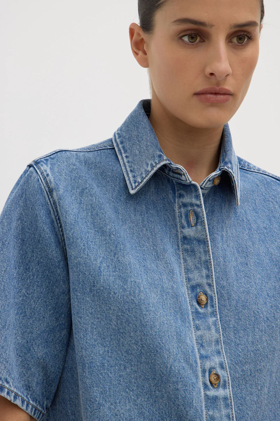 Boxy Denim Short Sleeve Shirt - Dark Stone