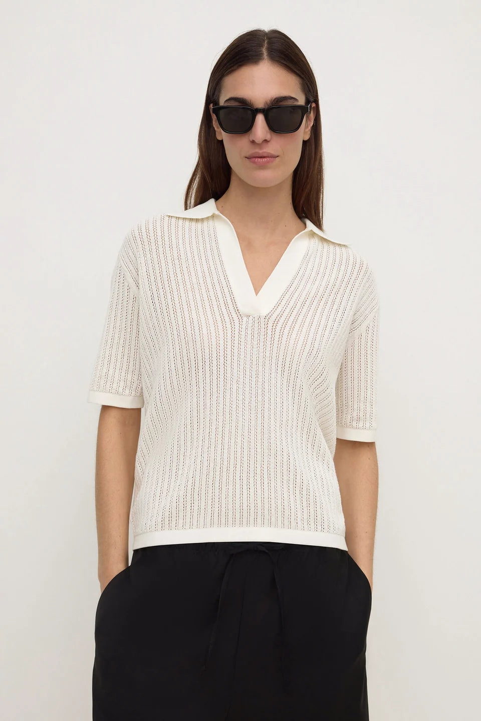 Nina Cotton Knit Polo – Antique White
