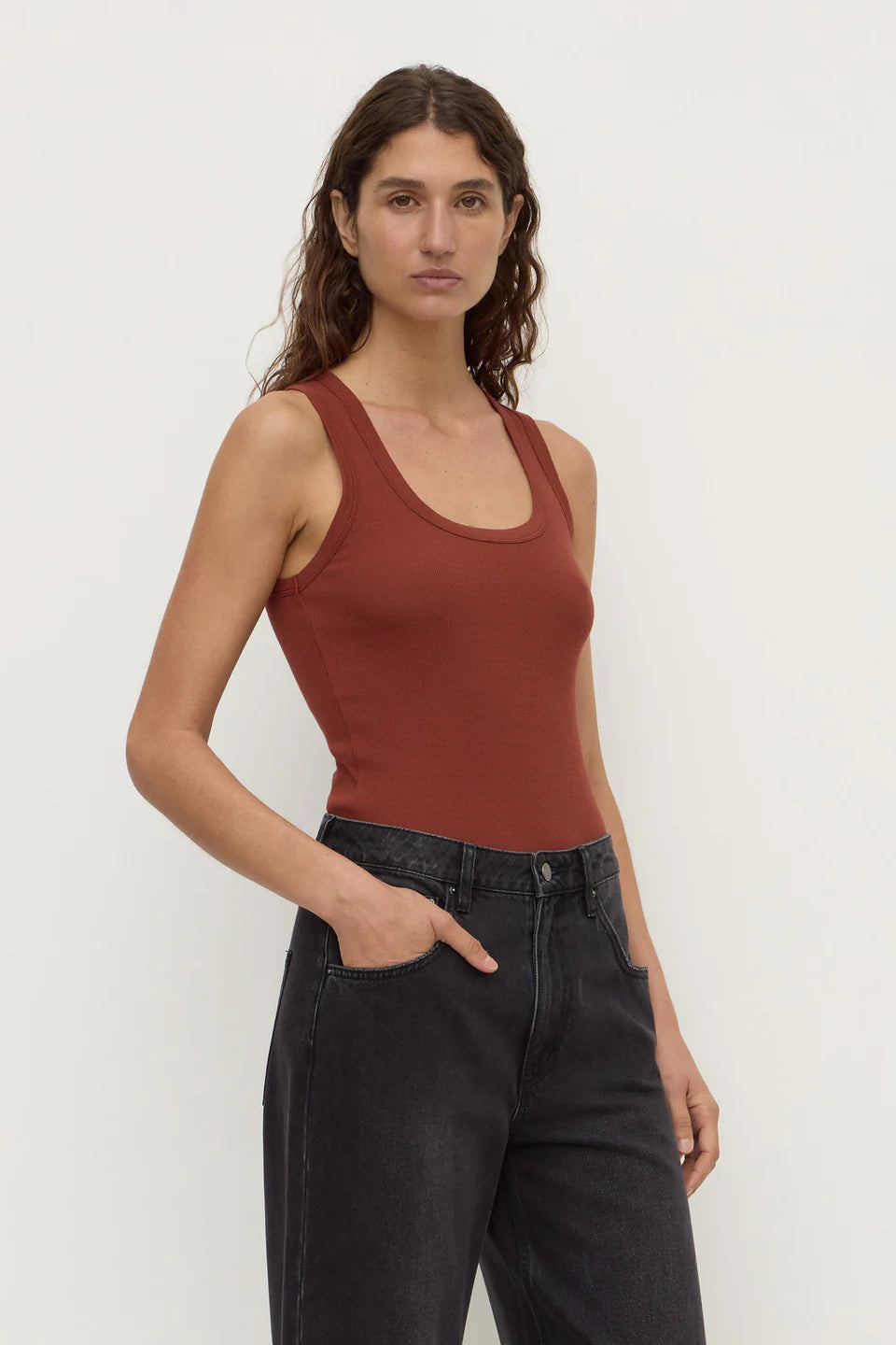 Robyn Scoop Neck Rib Tank - Burnt Amber