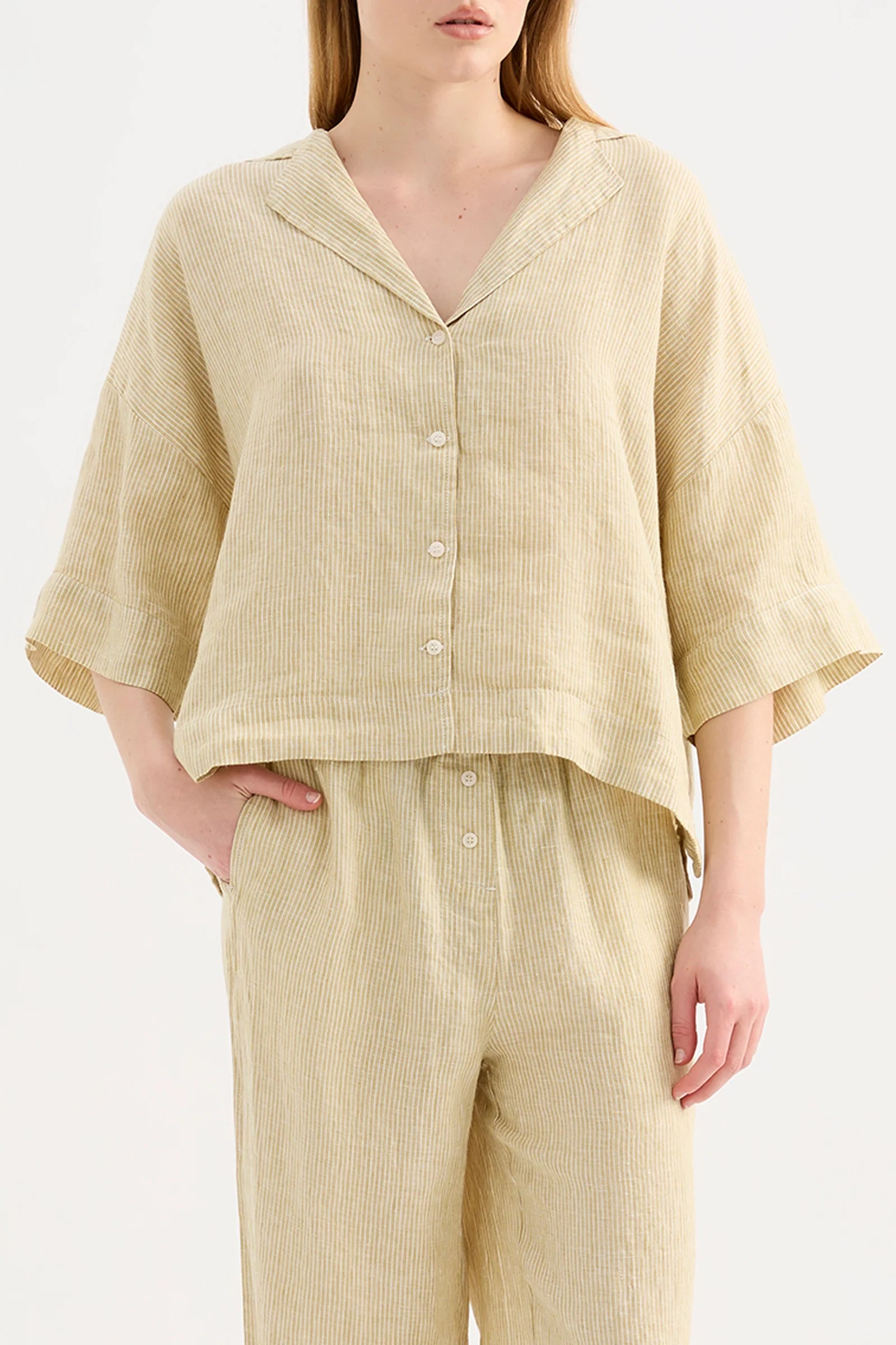Lounge Stripe Linen Shirt - Moss Stripe