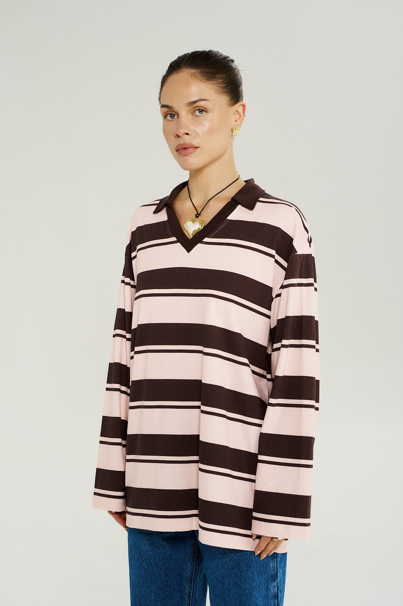 LS Polo Top – Choc Rose Stripe