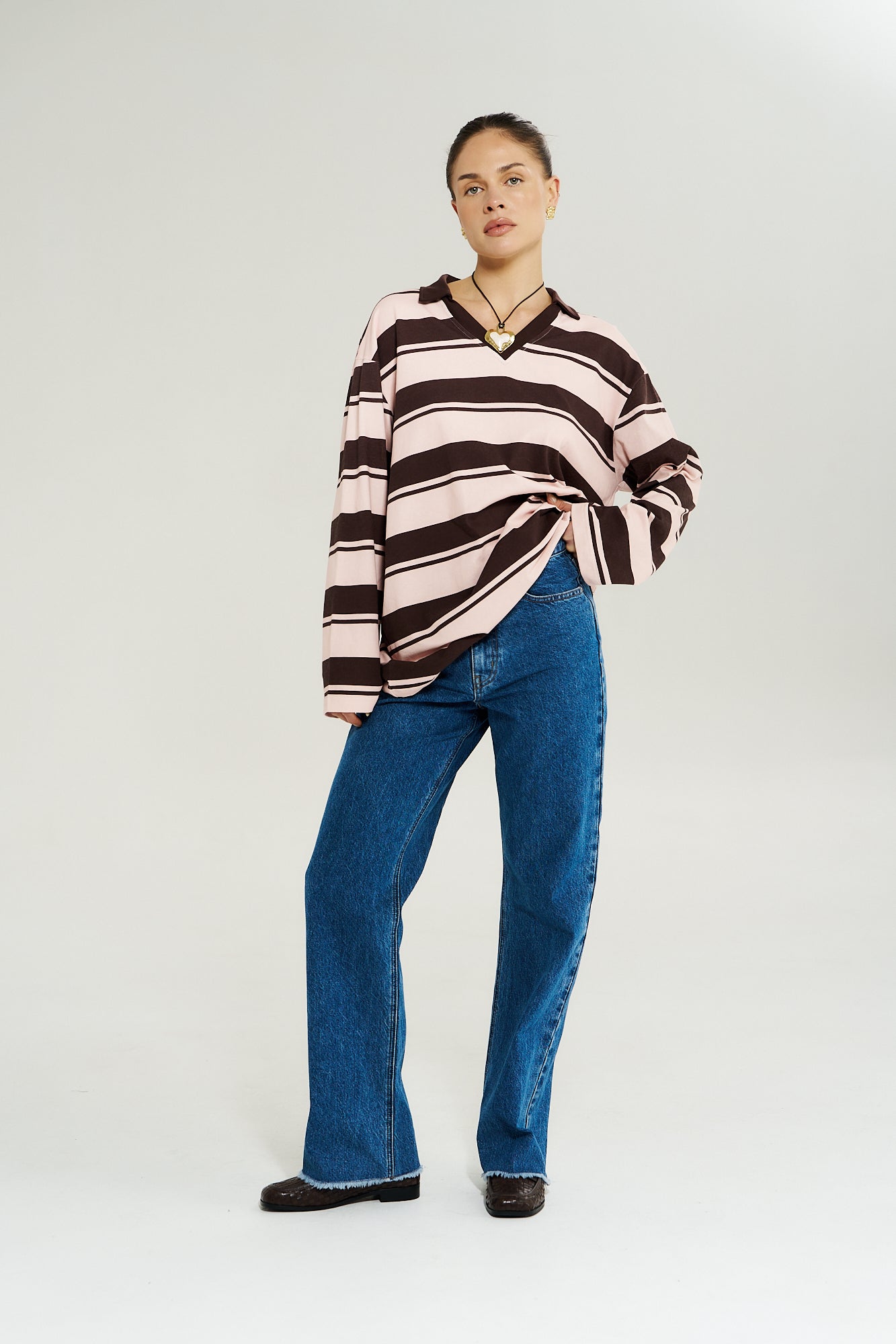 LS Polo Top – Choc Rose Stripe