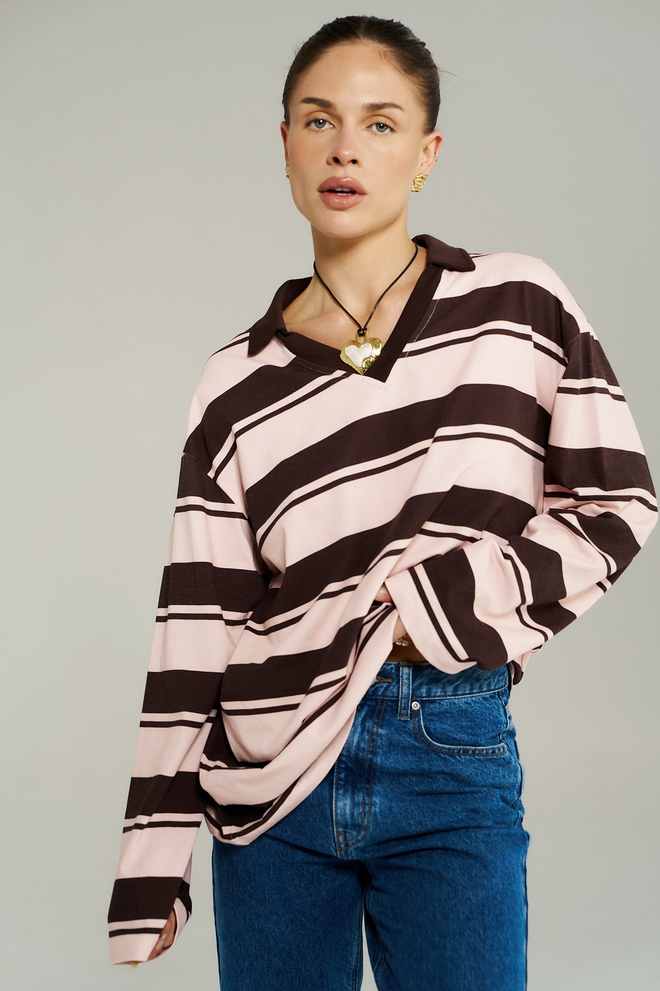 LS Polo Top – Choc Rose Stripe