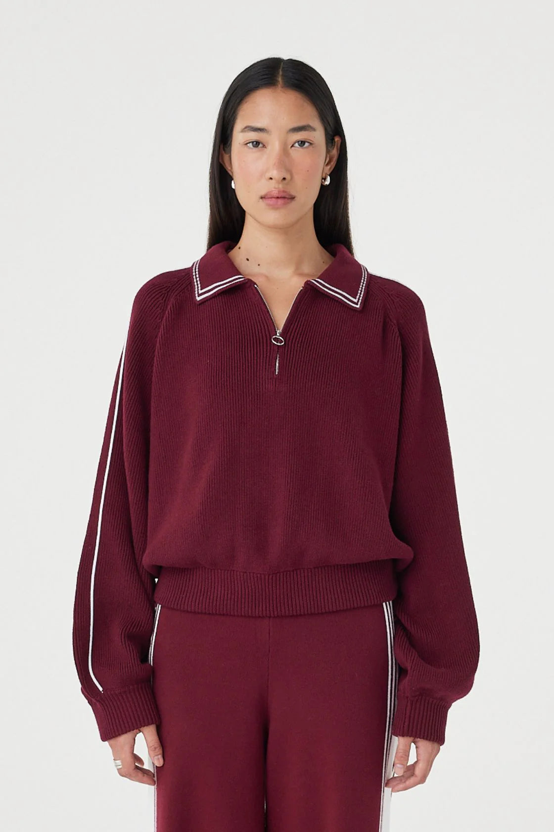 Nella Zip Sweater - Merlot & Cream