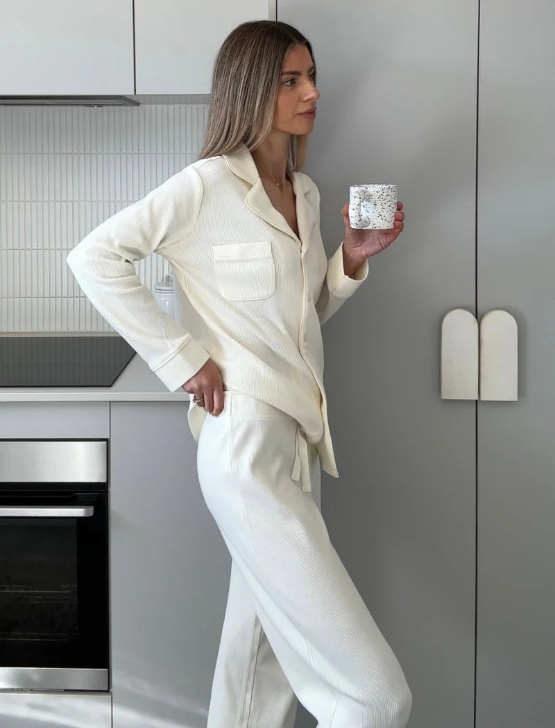 Claire Soft Cotton Waffle PJ Set - Soft Cream