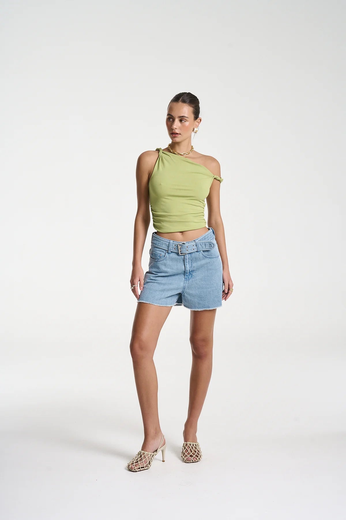 Twist Off Shoulder Top - Apple Green
