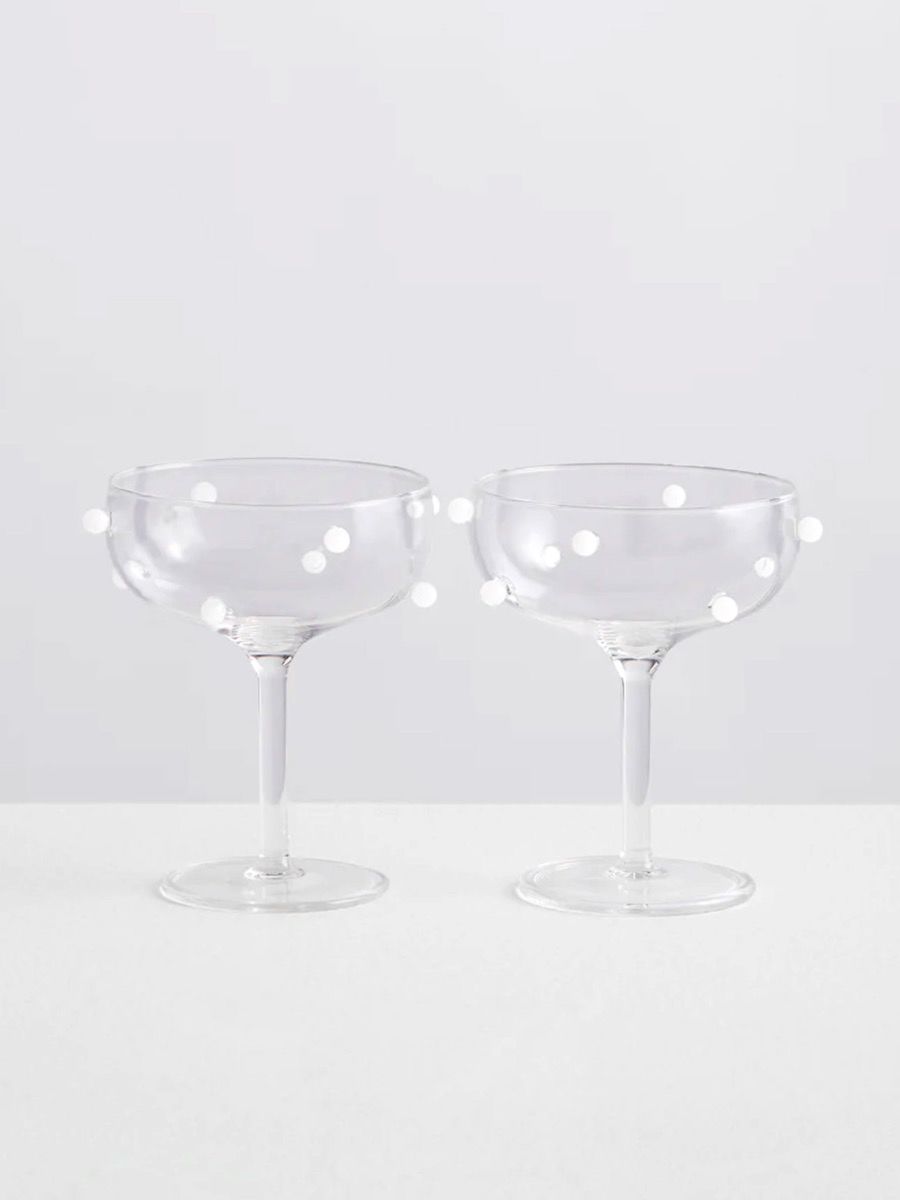 2 Pomponette Champagne Coupes - Clear & White