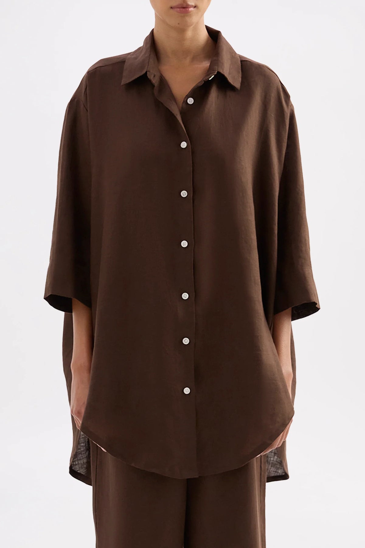 Lounge Linen Longline Shirt - Chocolate