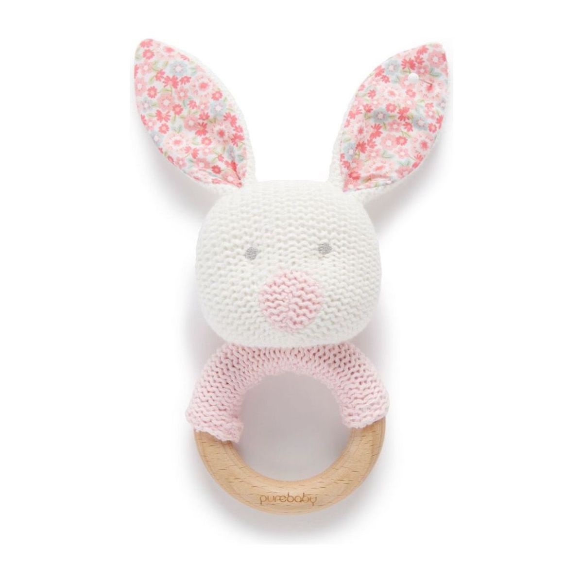 Purebaby Knitted Rattle - Wooden Handle