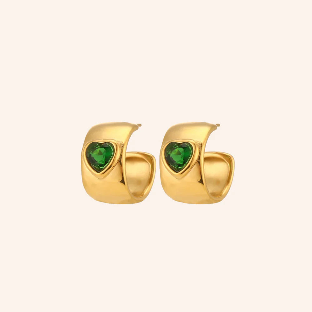 Crystal Heart Hoop Earrings in 18k Gold Plated + Emerald