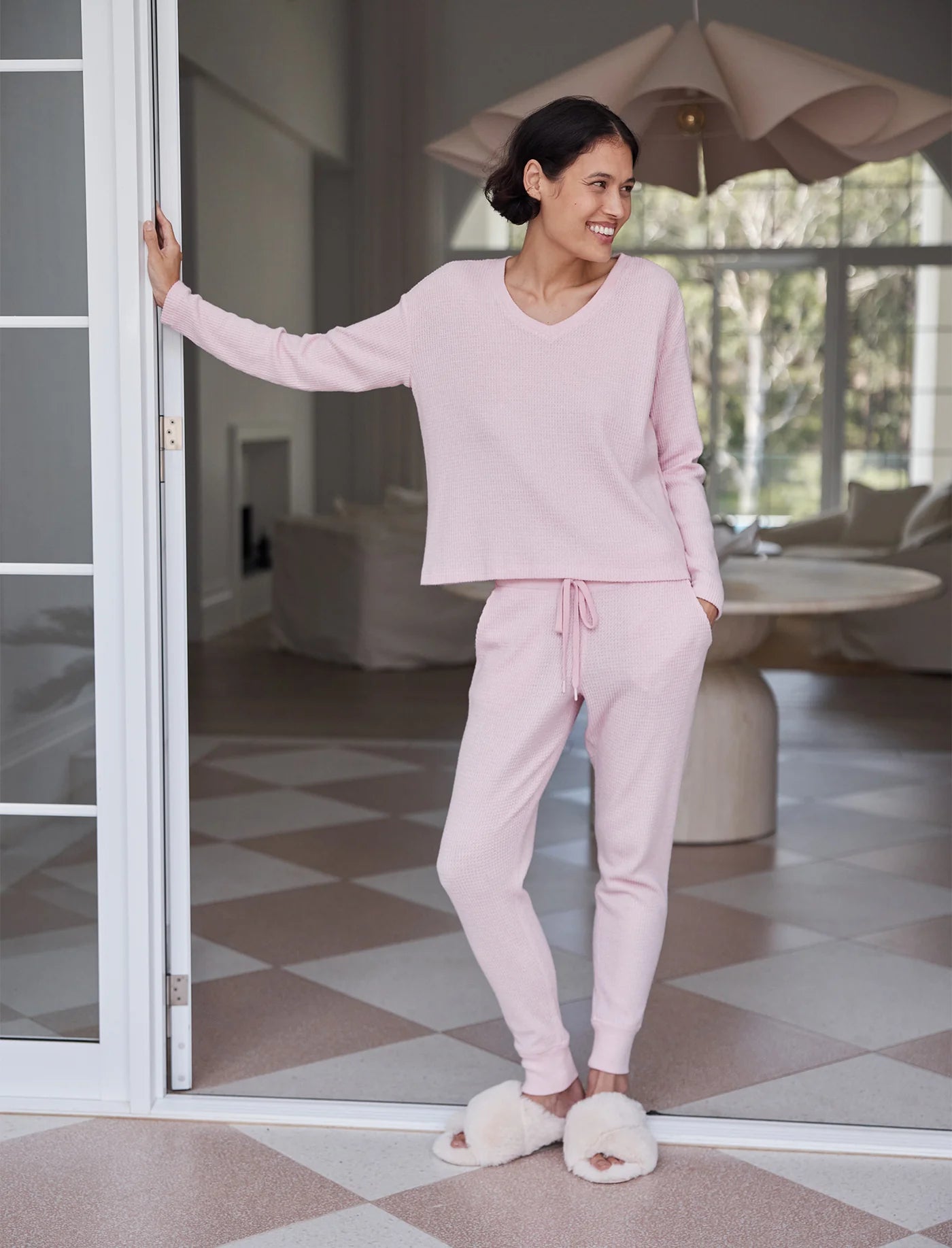 Super Soft Waffle V-Neck Long Sleeve Top & Jogger Set - Parfait Pink