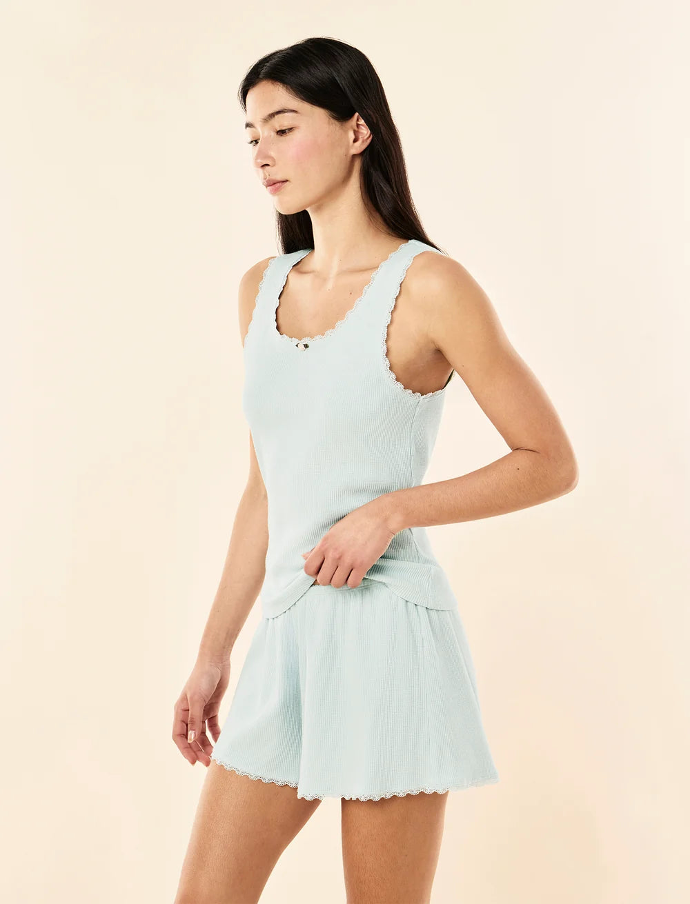 Claire Soft Cotton Waffle Boxer PJ Set - Lagoon Blue