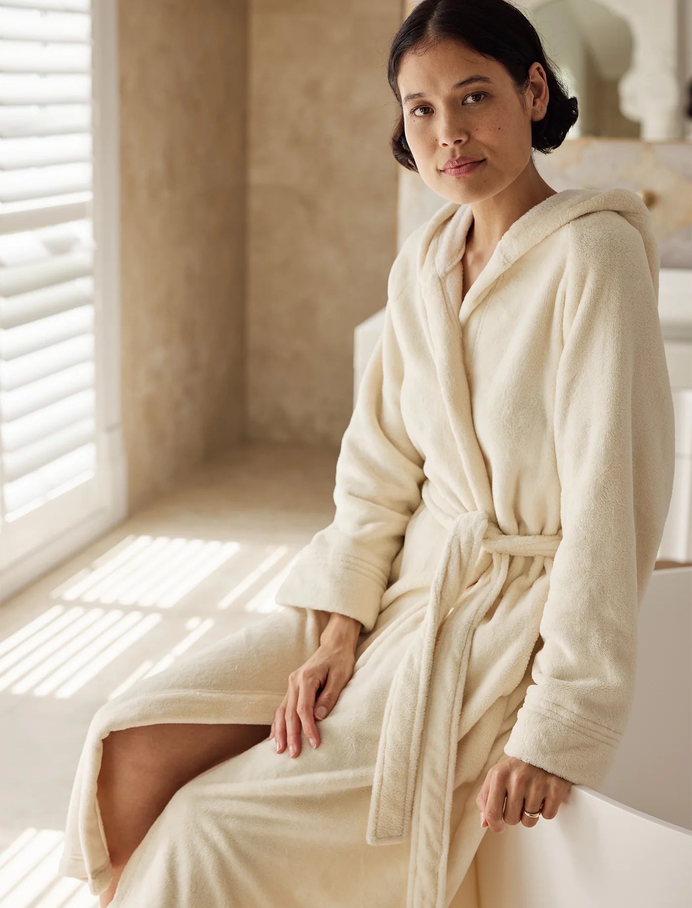 Long Plush Hooded Robe - Ecru