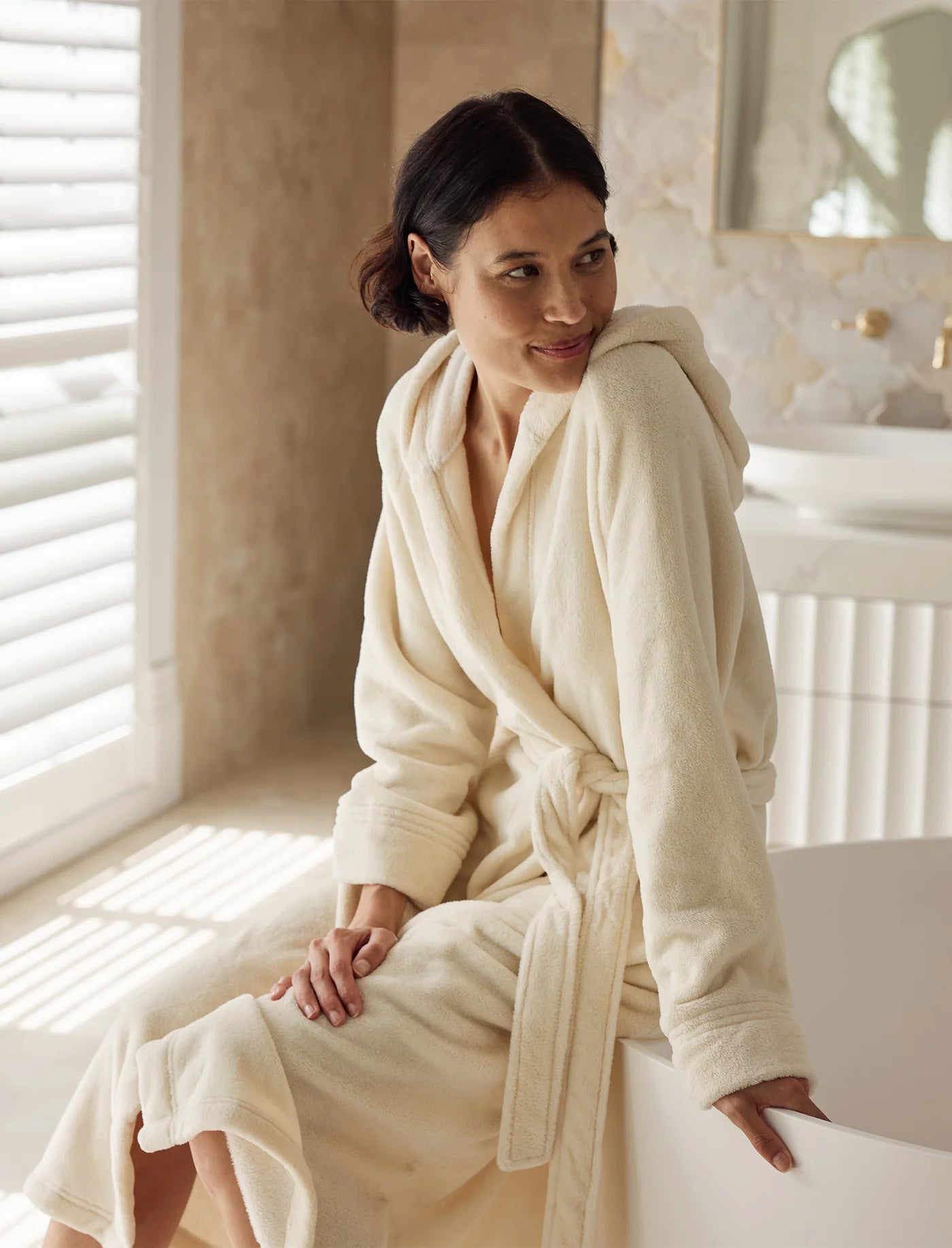 Long Plush Hooded Robe - Ecru