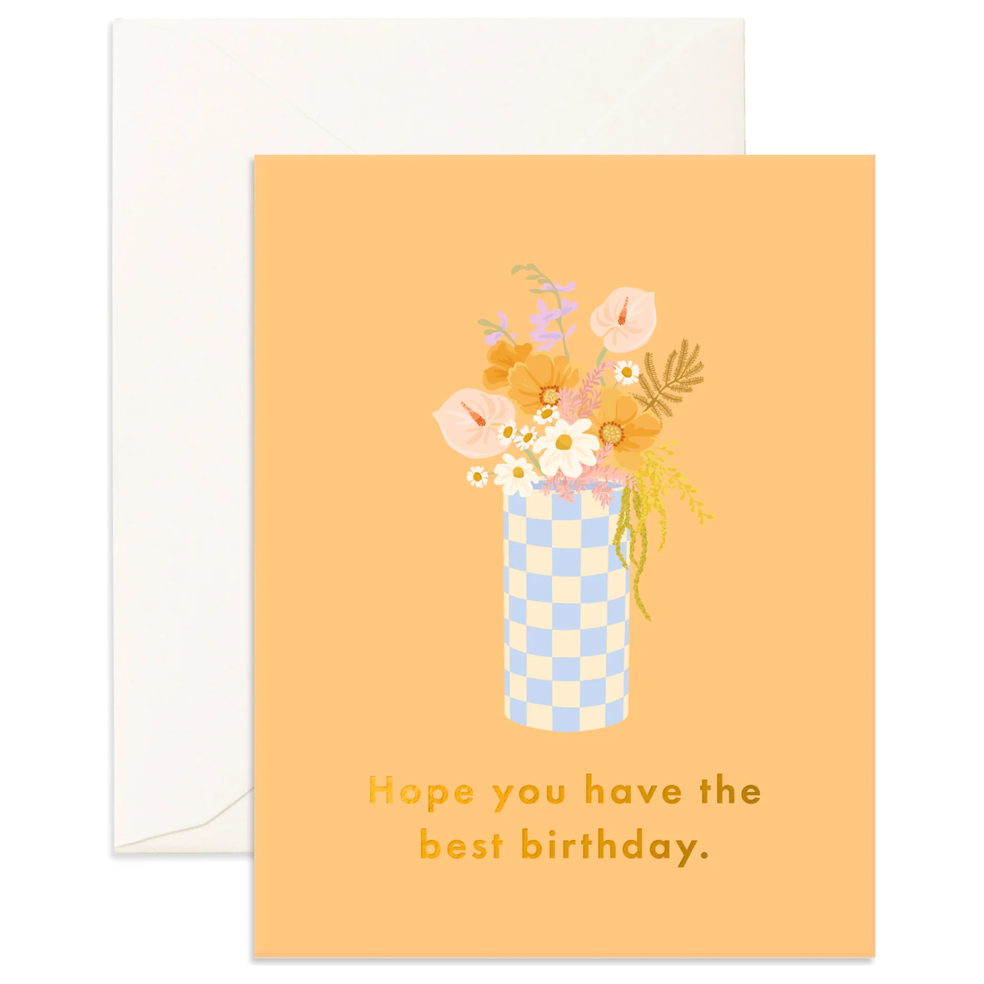Fox & Fallow Best Birthday Blue Check Vase Greeting Card