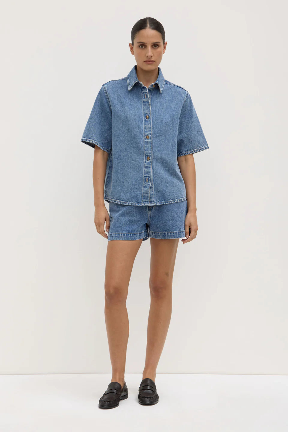 Boxy Denim Short Sleeve Shirt - Dark Stone