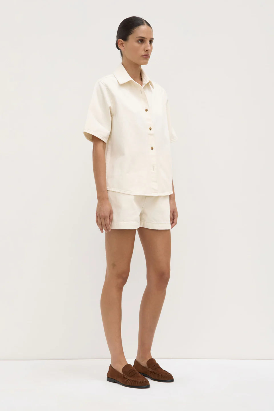 Boxy Denim Short Sleeve Shirt - Ecru