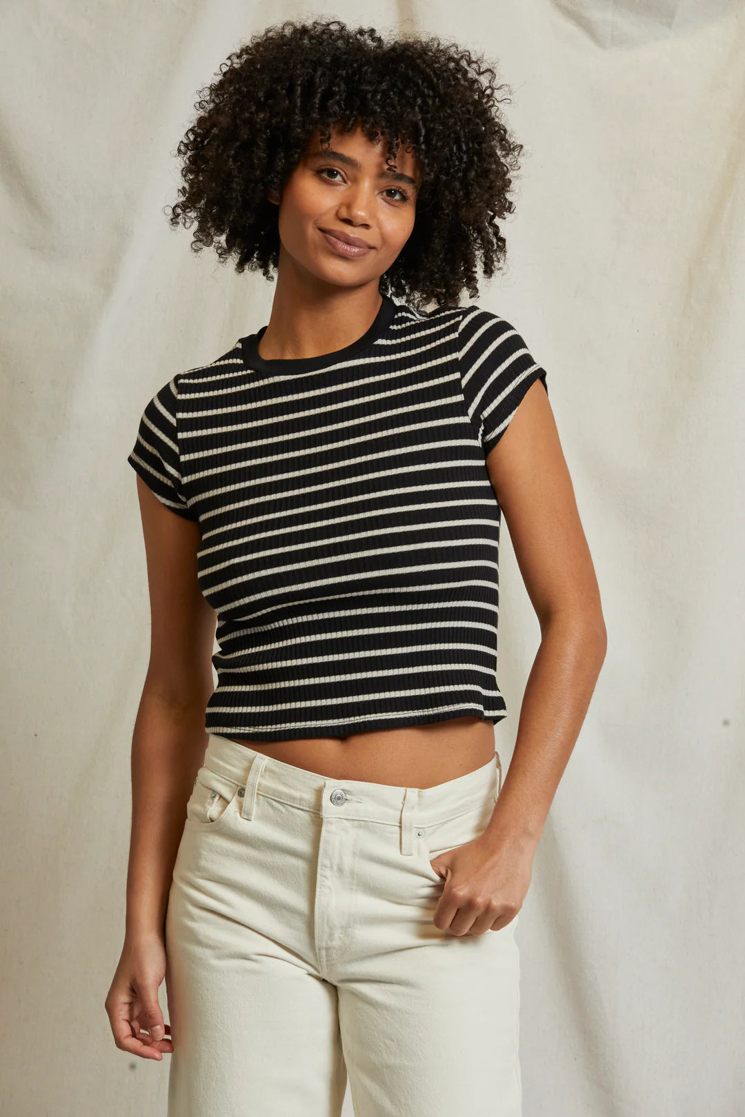 Julia Ribbed Baby Tee - True Black / Natural Stripe