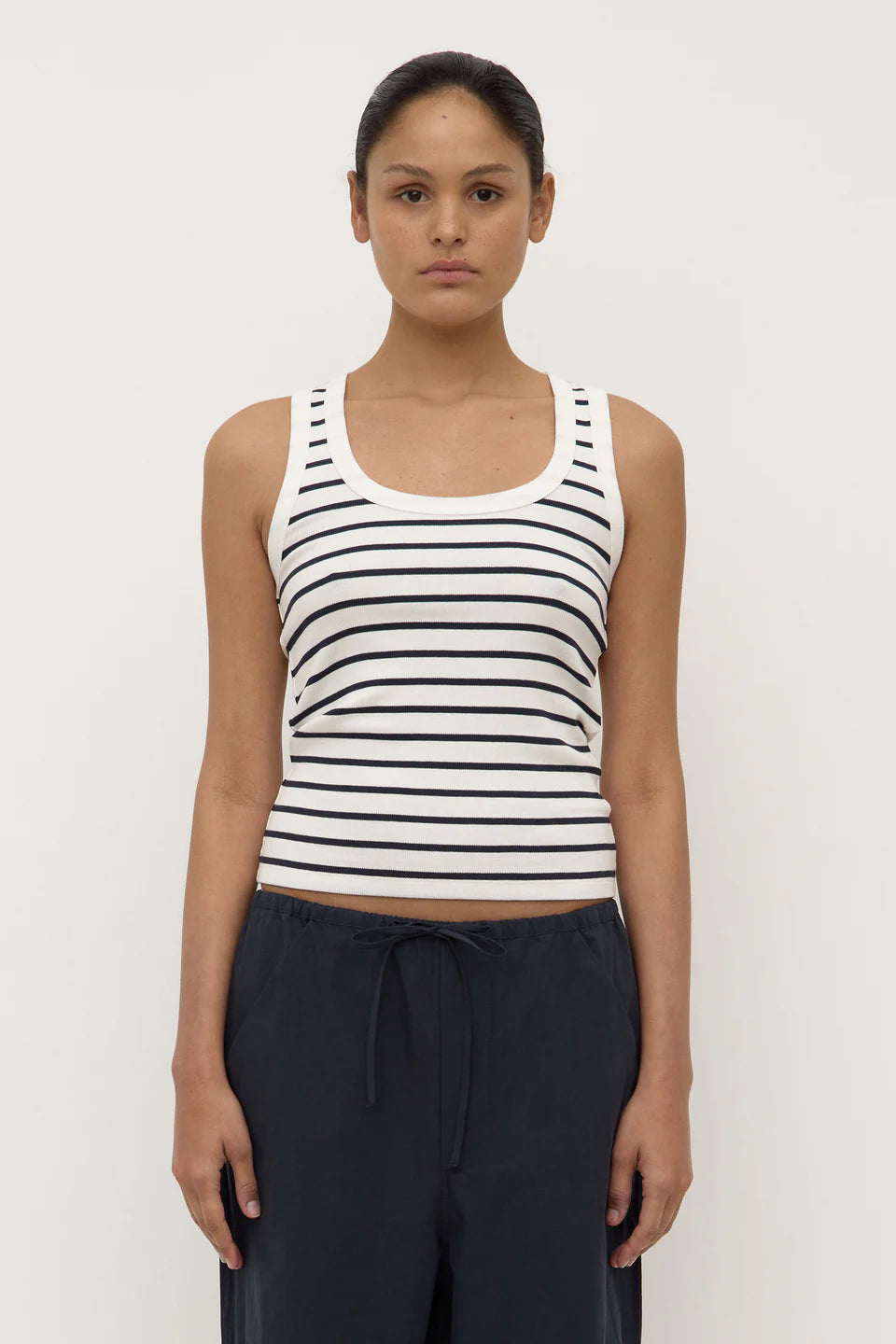 Leony Stripe Tank Neck Rib Tank - True Navy / Antique White
