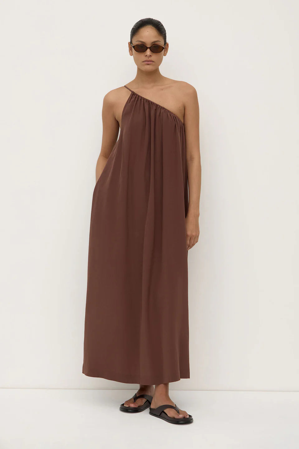 Mila Silk Asymmetrical Maxi Dress - Espresso