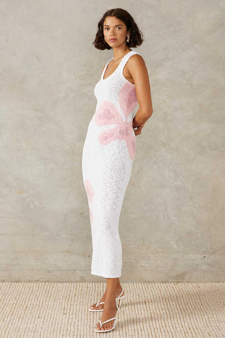 Bloom Knit Midi Dress - White / Pink