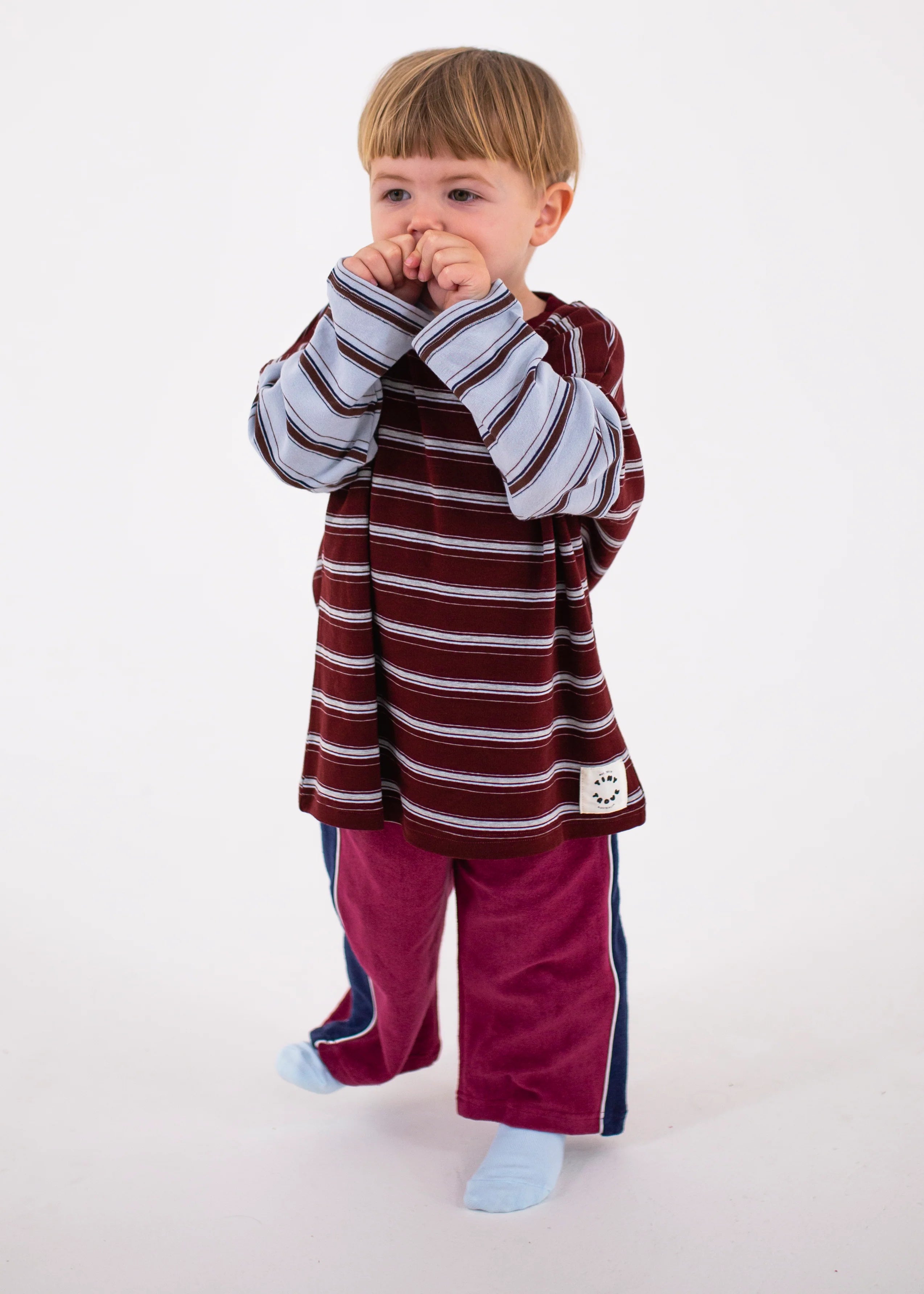 Rowan Stripe Cotton Long Sleeve Tee - Maroon/Blue Stripe