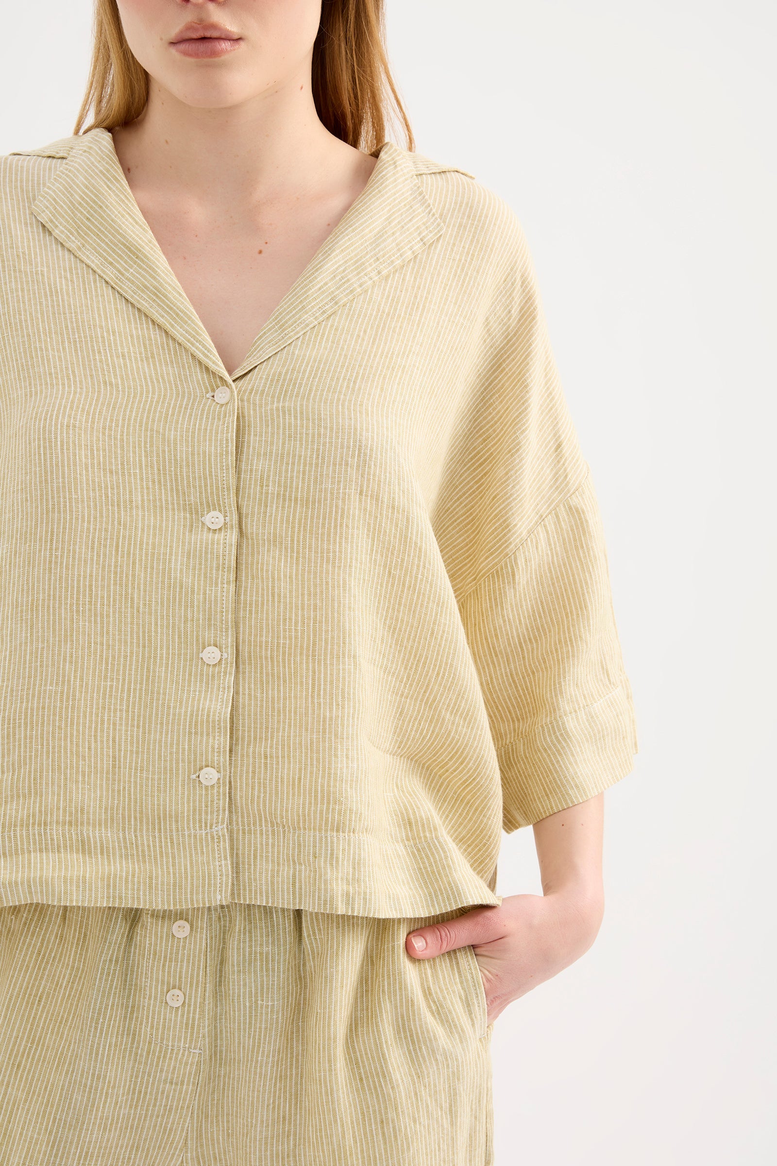 Lounge Stripe Linen Shirt - Moss Stripe