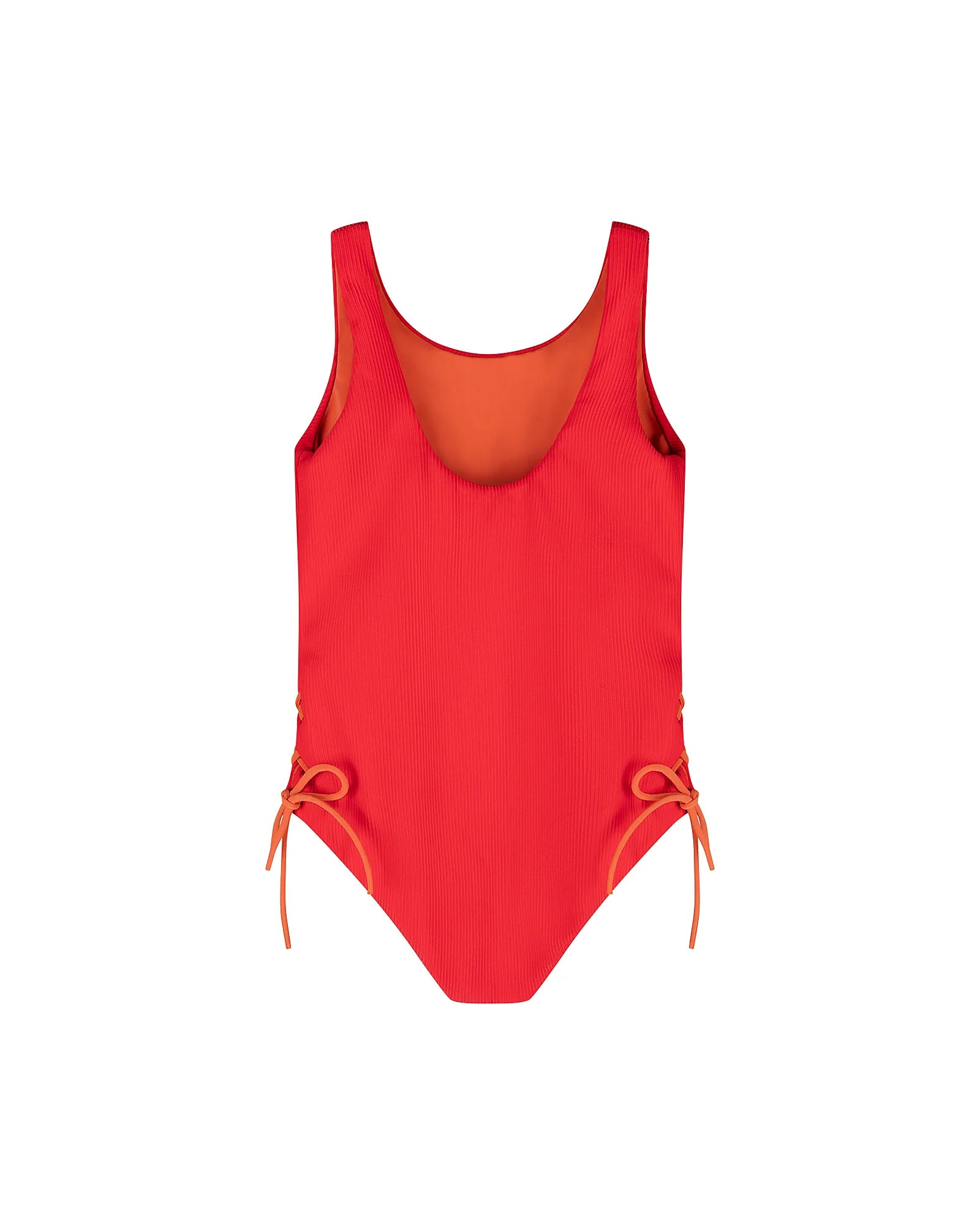 Tie Side Swimsuit - Red with Burnt Orange Tie Sides