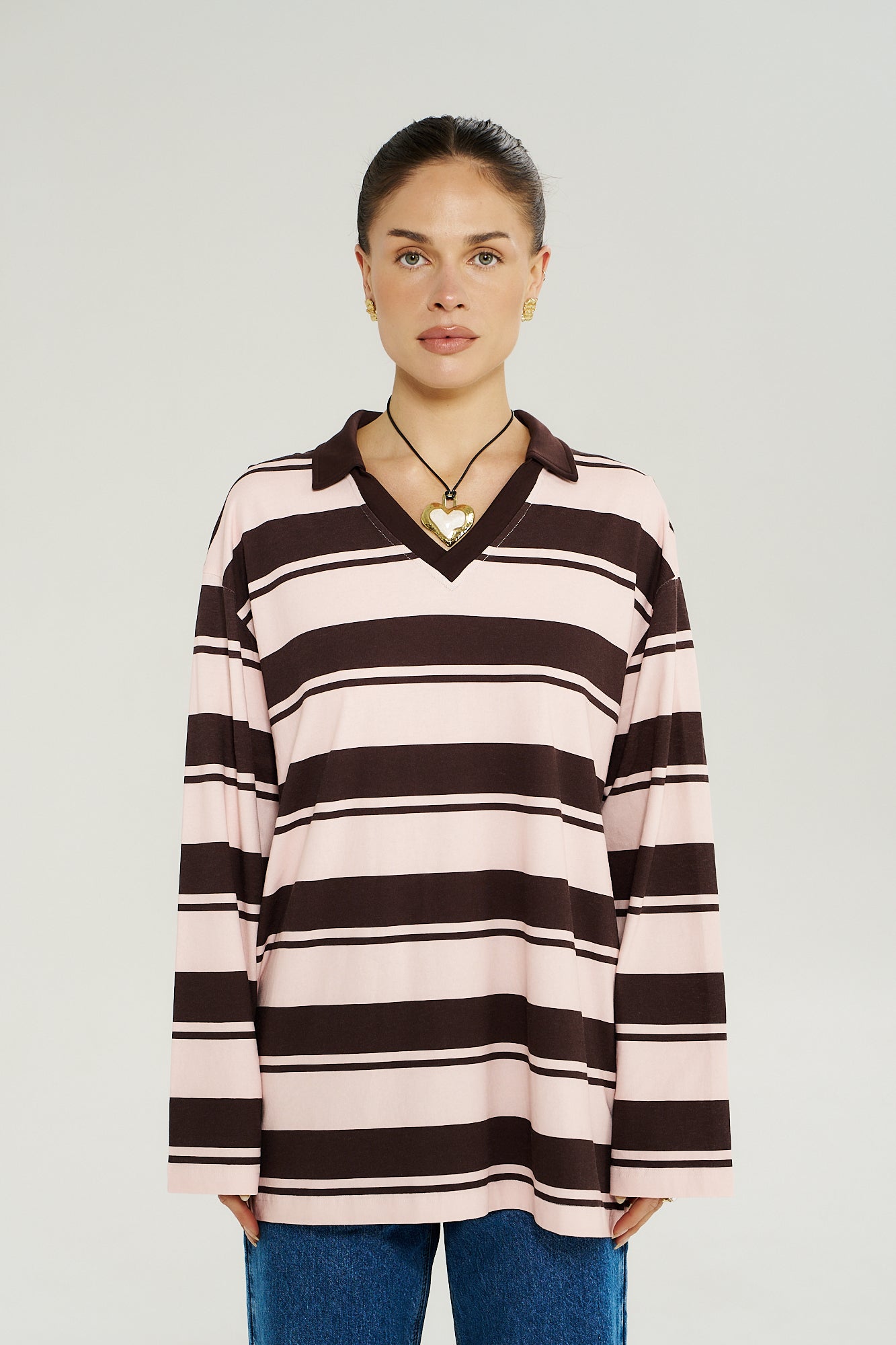 LS Polo Top – Choc Rose Stripe