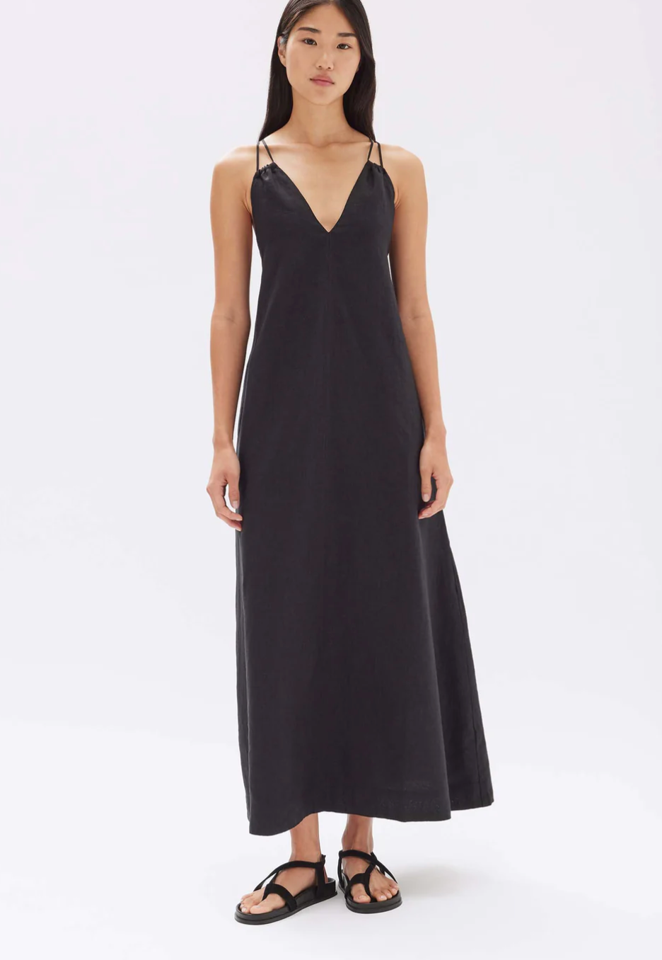 Fiona Linen Midi Dress - Black