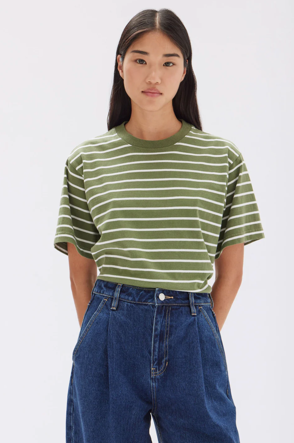 Womens Cohen Stripe Short Sleeve Tee - Pandan/Antique White