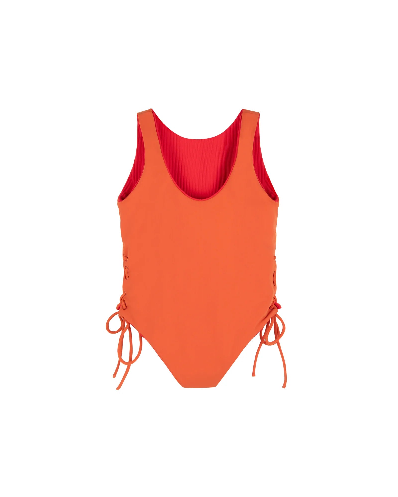 Tie Side Swimsuit - Red with Burnt Orange Tie Sides