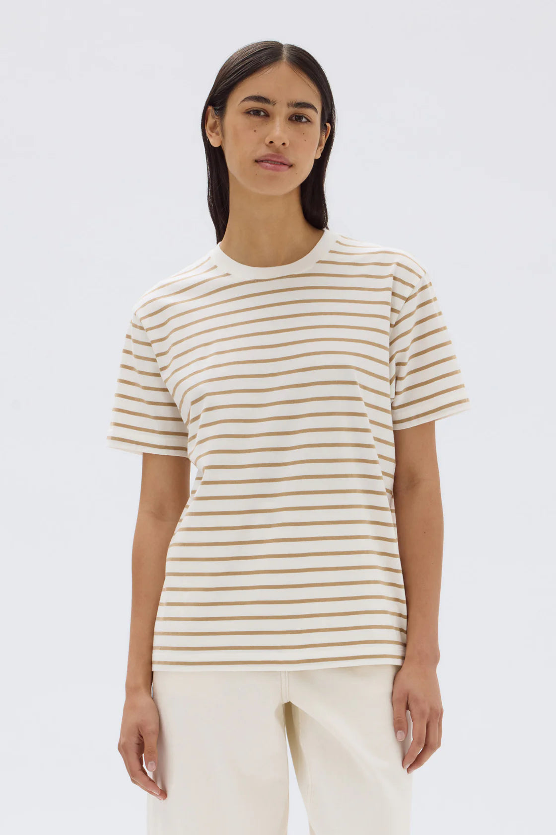 Womens Port Stripe Tee - Antique White / Tan Stripe