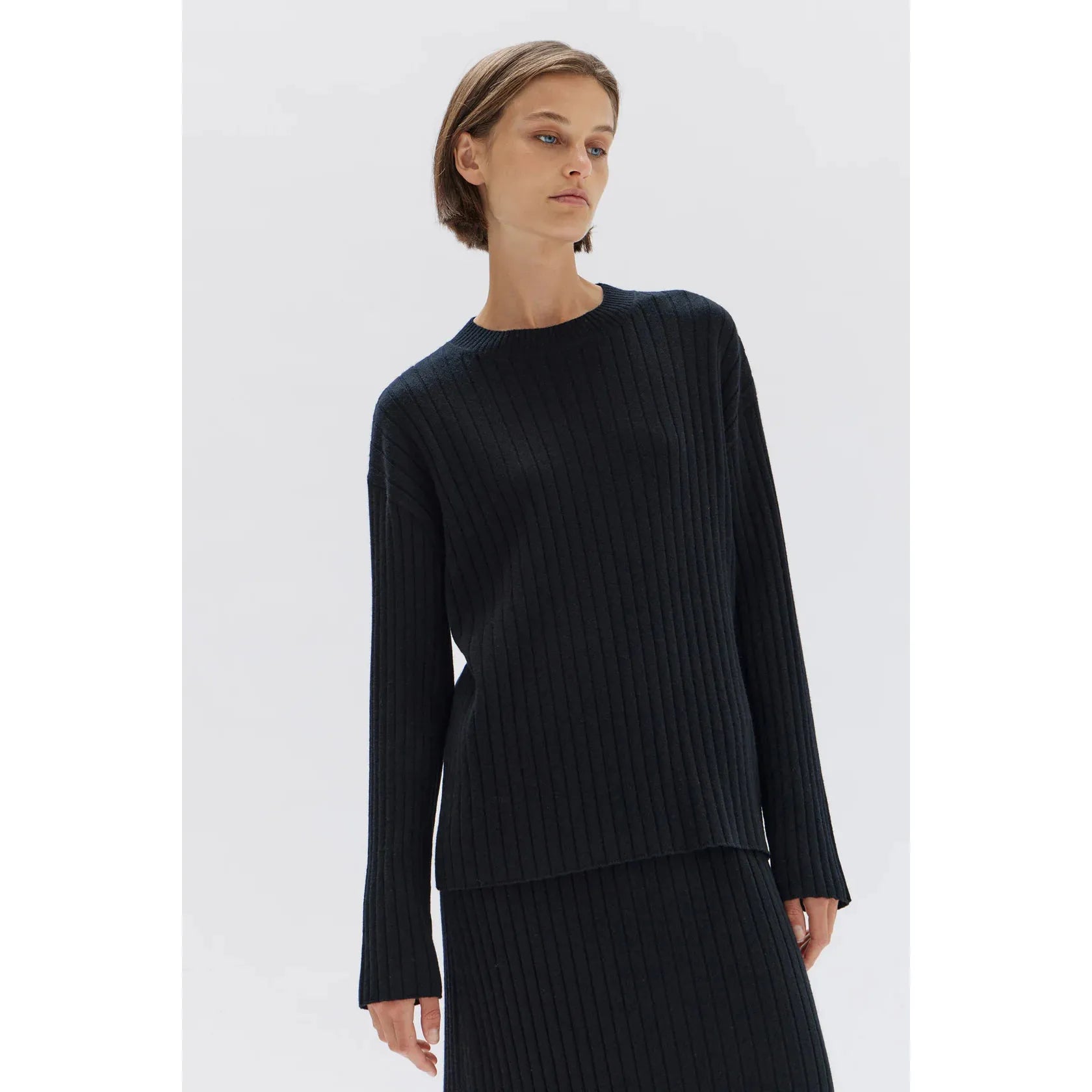 Assembly Label Wool Cashmere Rib Long Sleeve Top - Black