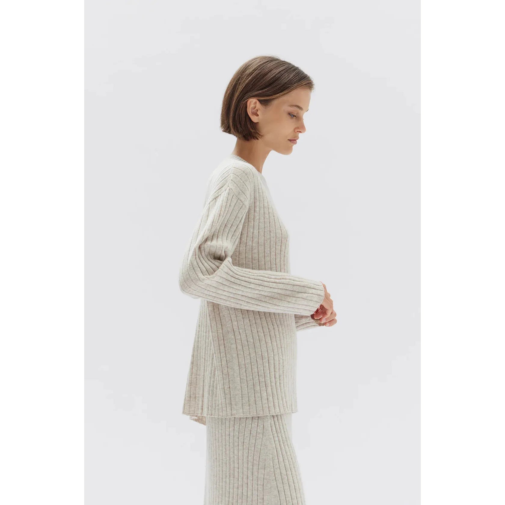 Assembly Label Wool Cashmere Rib Long Sleeve Top - Oat Marle
