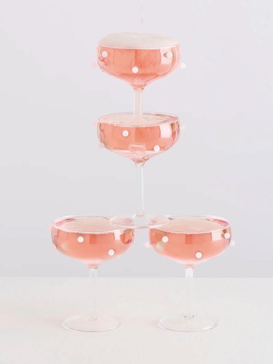 2 Pomponette Champagne Coupes - Clear & White