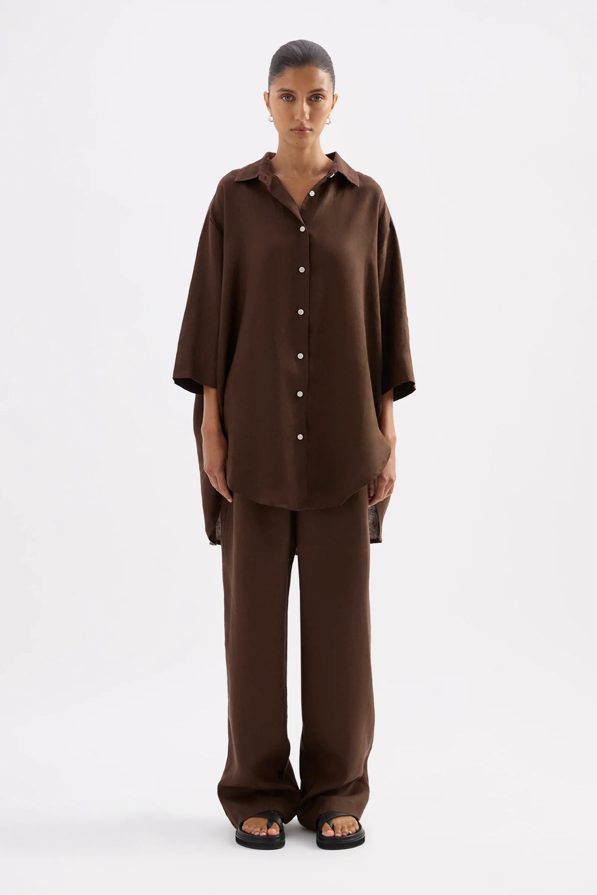 Lounge Linen Longline Shirt - Chocolate