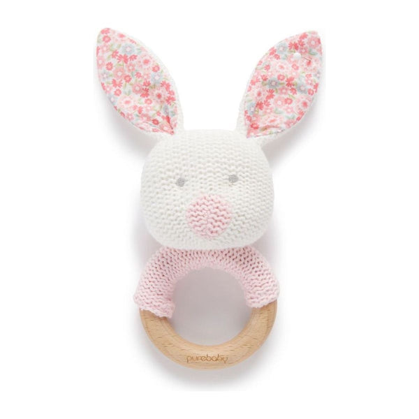 Purebaby Knitted Rattle - Wooden Handle