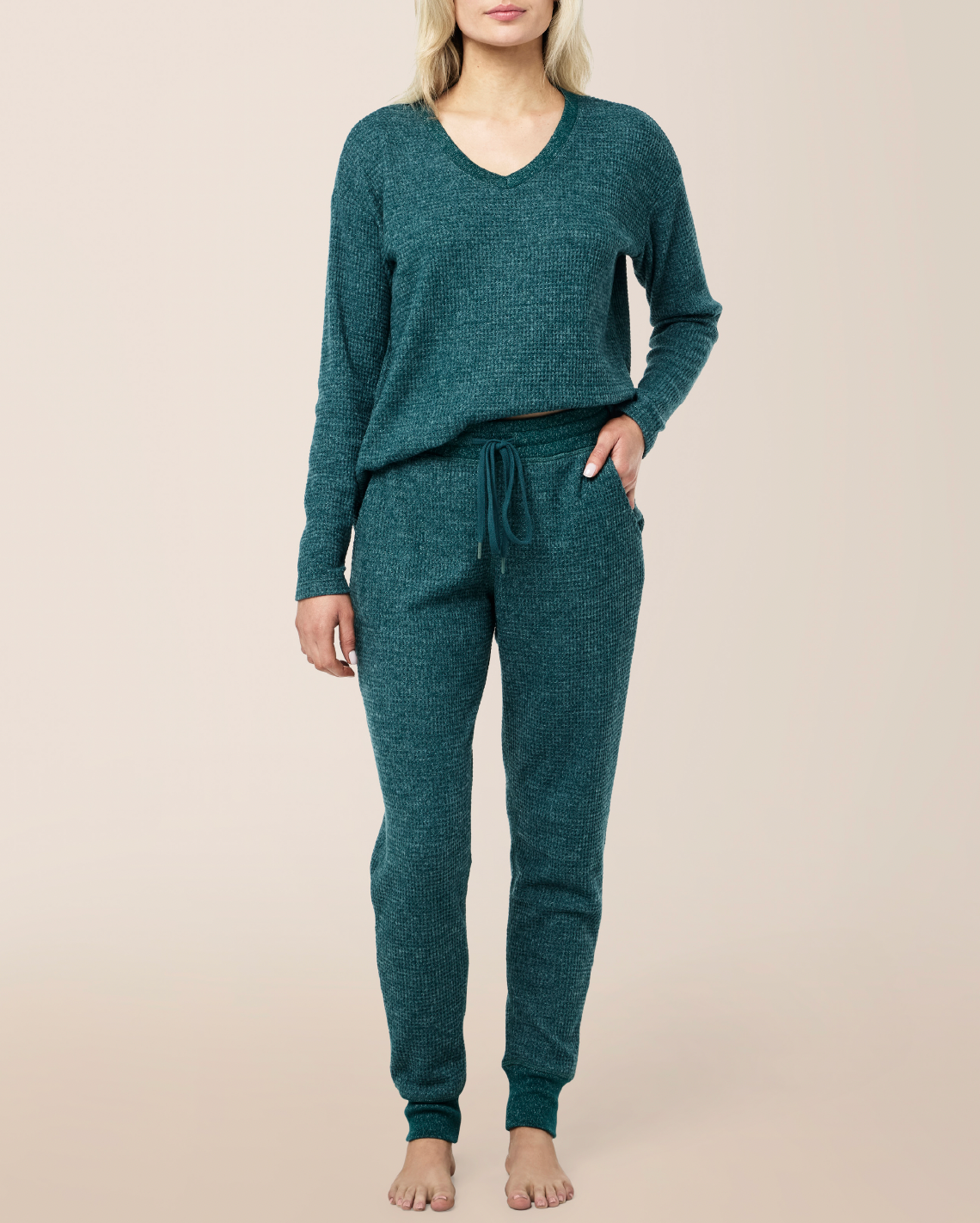 Super Soft Waffle V-neck Ls Top - Dark Emerald