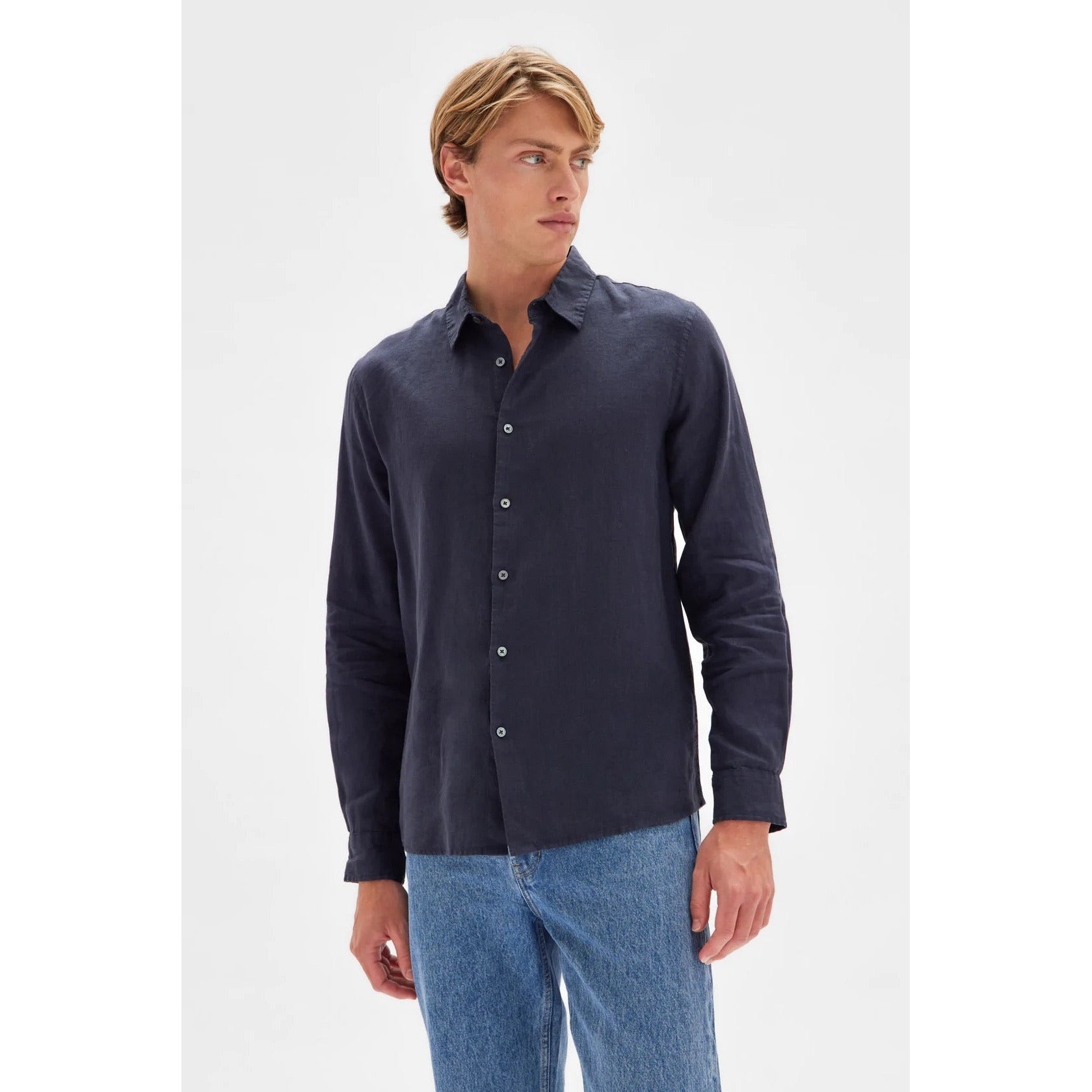 Assembly Label Men's Casual Long Sleeve Linen Shirt